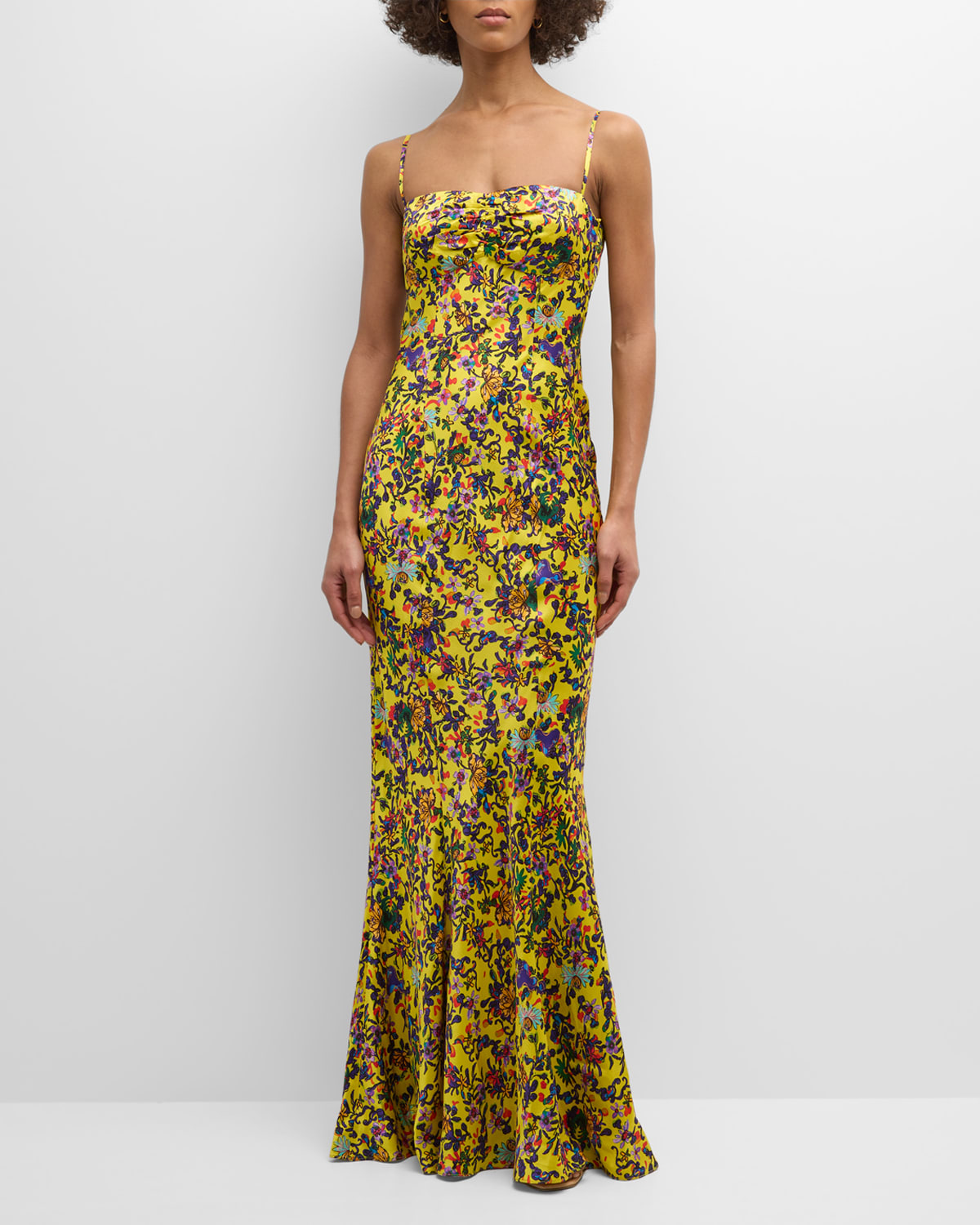Renee Long Floral Silk Spaghetti-Strap Dress