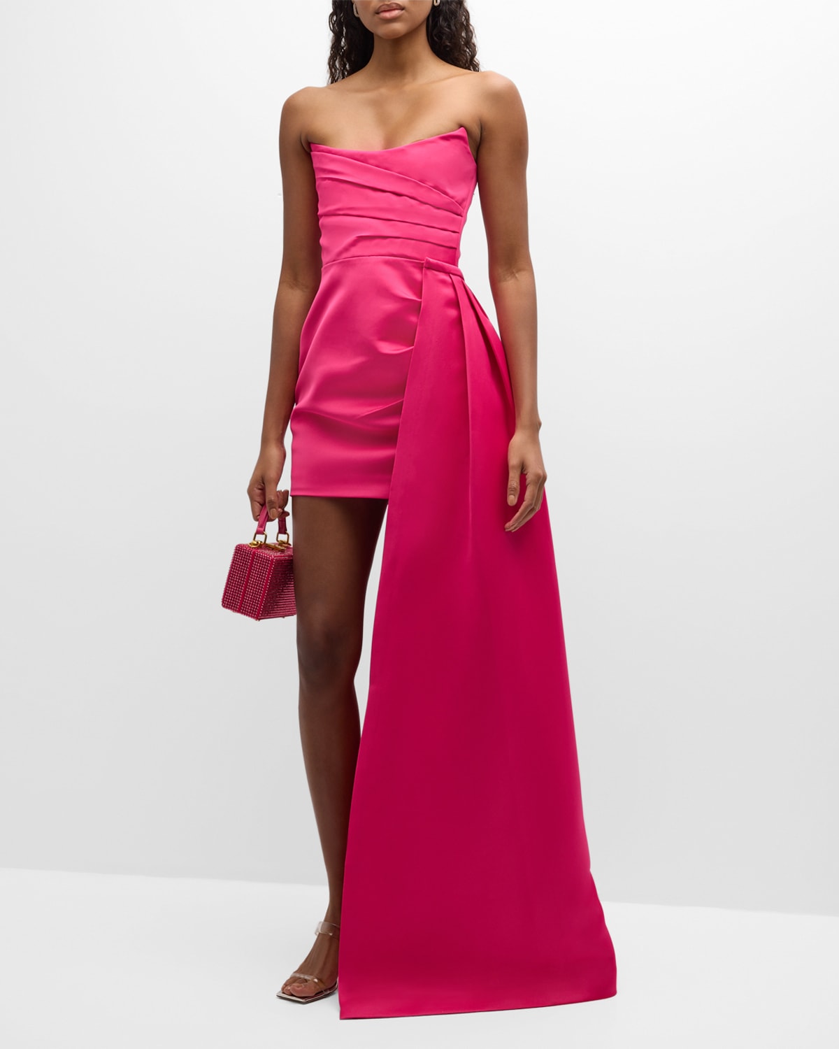 Shop Sau Lee Brenda Satin Strapless Detachable-train Mini Dress In Pink Overflow