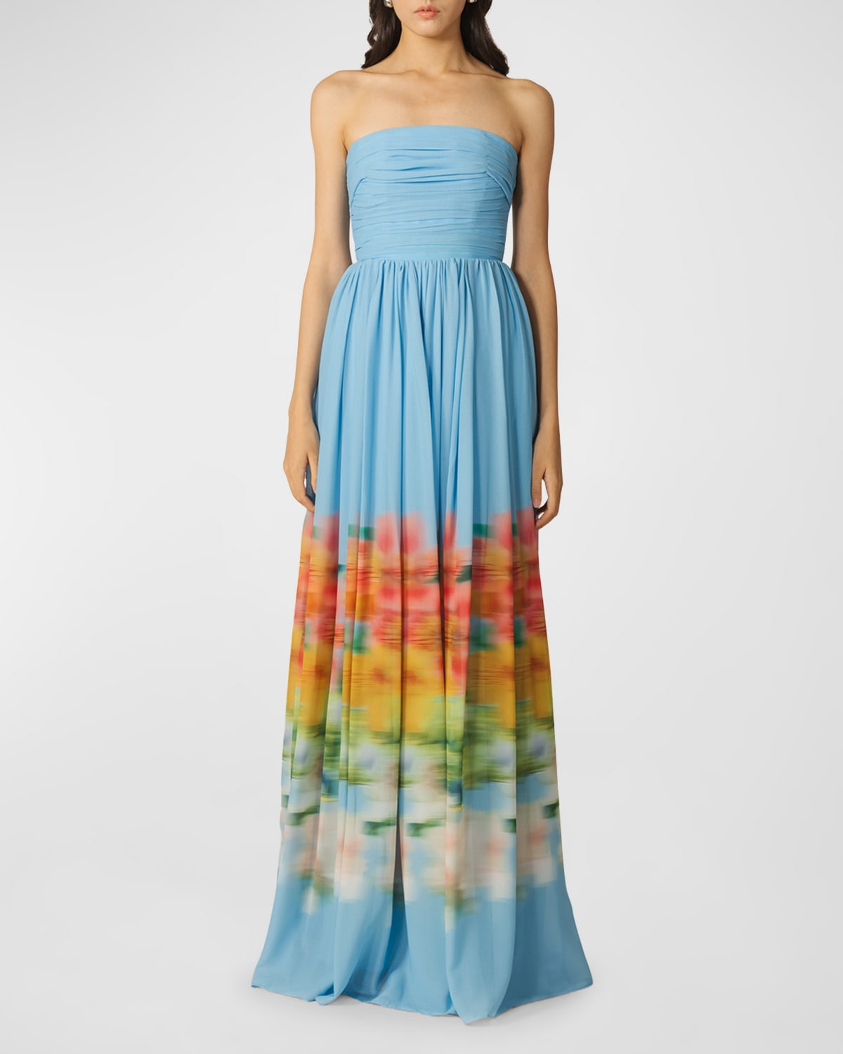 Shop Sau Lee Camille Strapless Abstact-print Maxi Dress In Light/pastel Blue