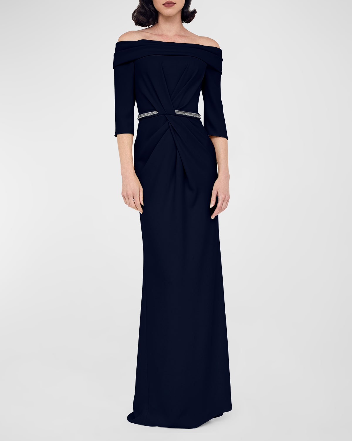 Atelier Prabal Gurung Judy Pleated Crystal-embellished 3/4-sleeve Off-the-shoulder Gown In Navy