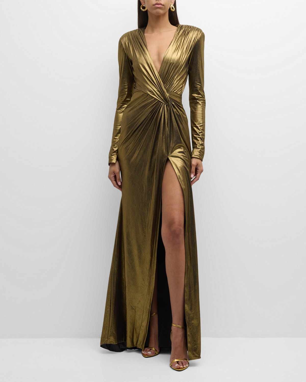 Metallic Draped Lame Gown with Slit