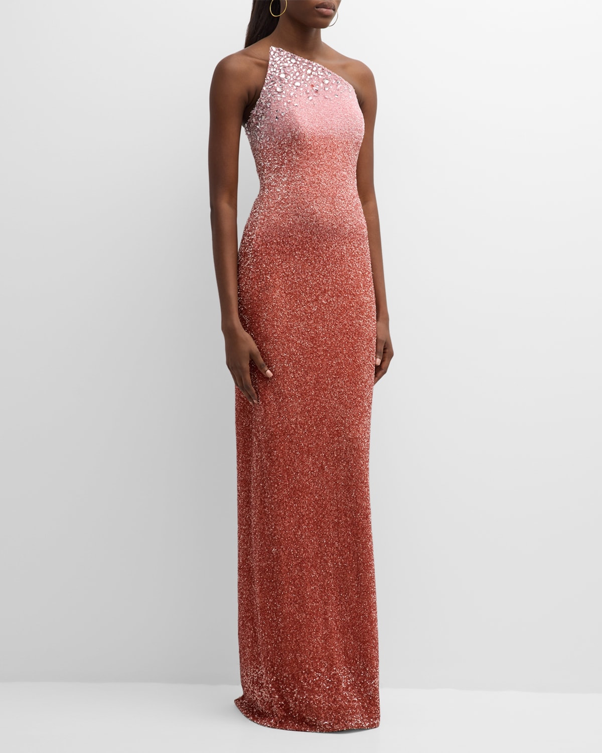 Shop Pamella Roland Strapless Ombre Sequin Gown With Oversized Crystals In Saffronpink