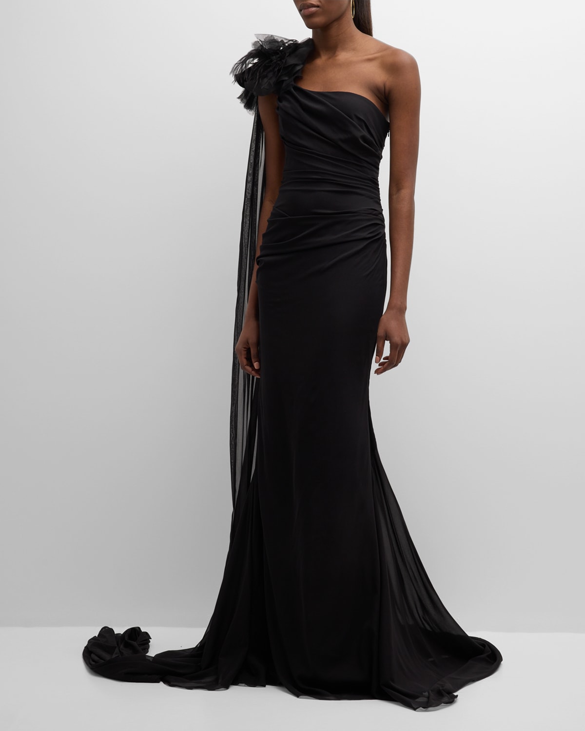 Chiffon Draped One-Shoulder Gown with Floral Detail