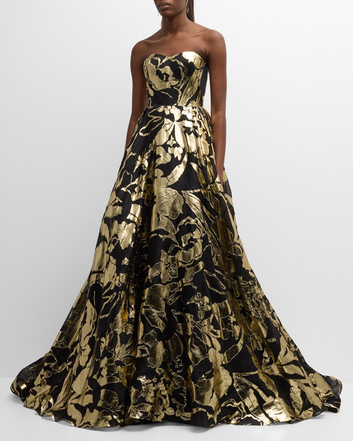 Metallic Floral Strapless Fil Coupe Gown