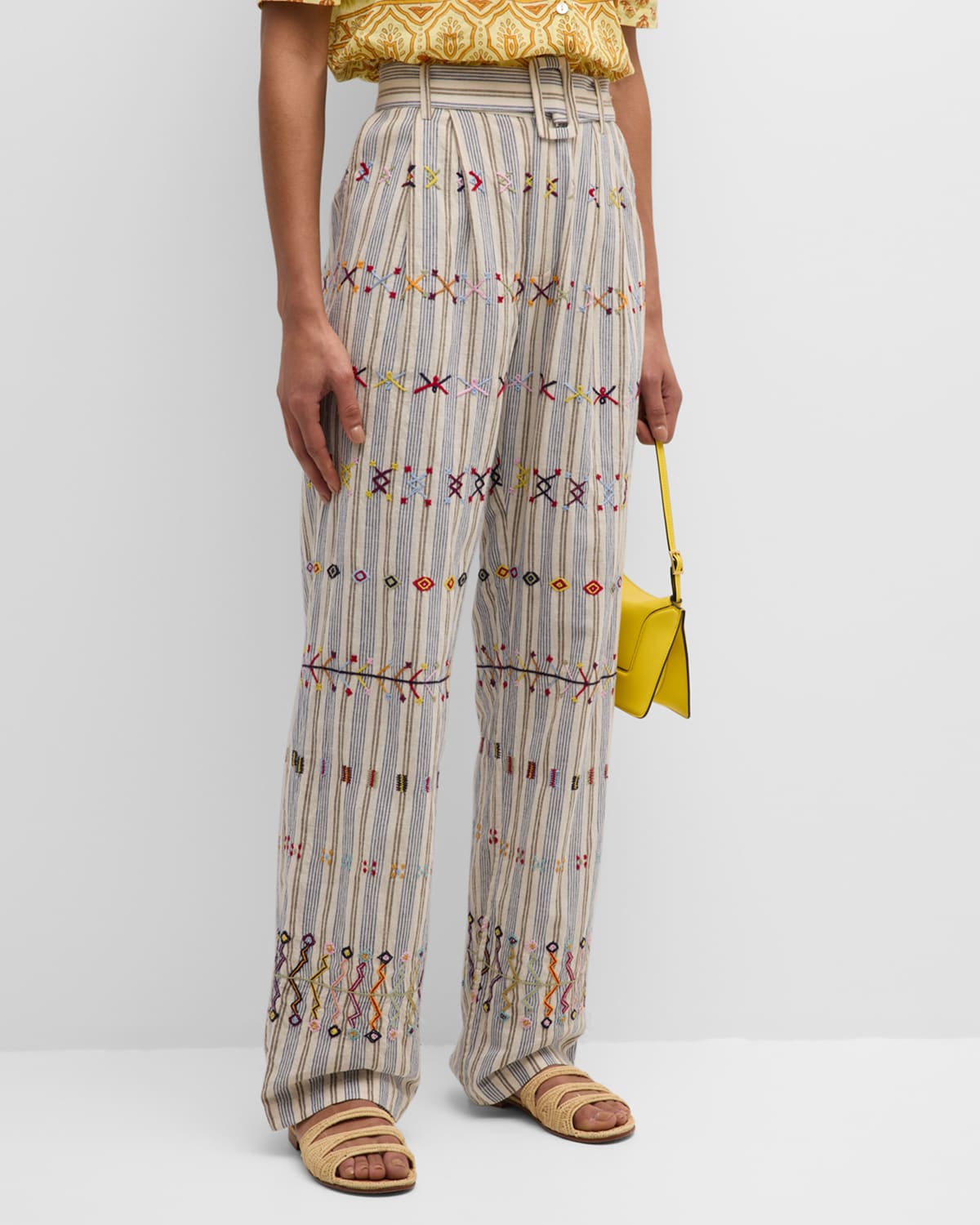 Colette Arrow Stripe Embroidered Pants with Belt