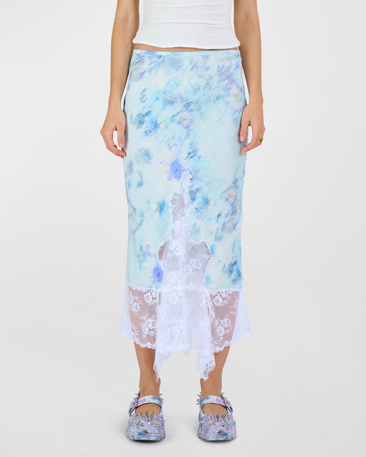 Collina Strada Hiss Lace Tie-dye Midi Skirt In Sky Shadow Floral