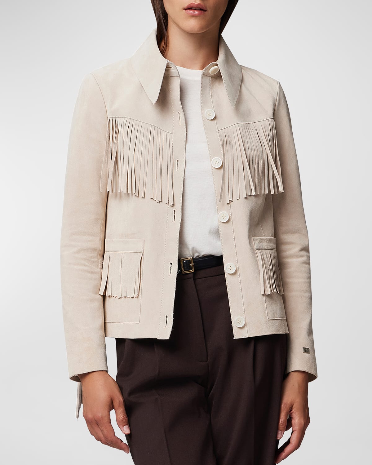 Shop Soia & Kyo Fringe Suede Jacket In Mist