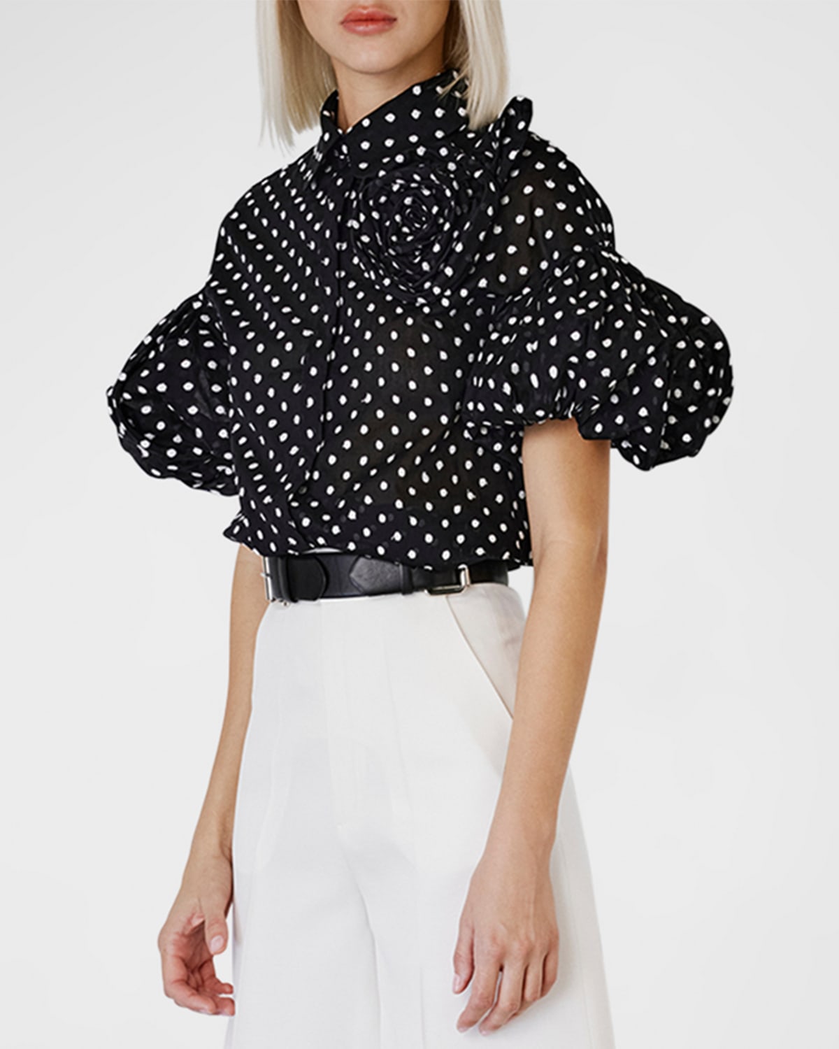 Shop Dice Kayek Polka-dot Flower Puff-sleeve Collared Blouse In Black