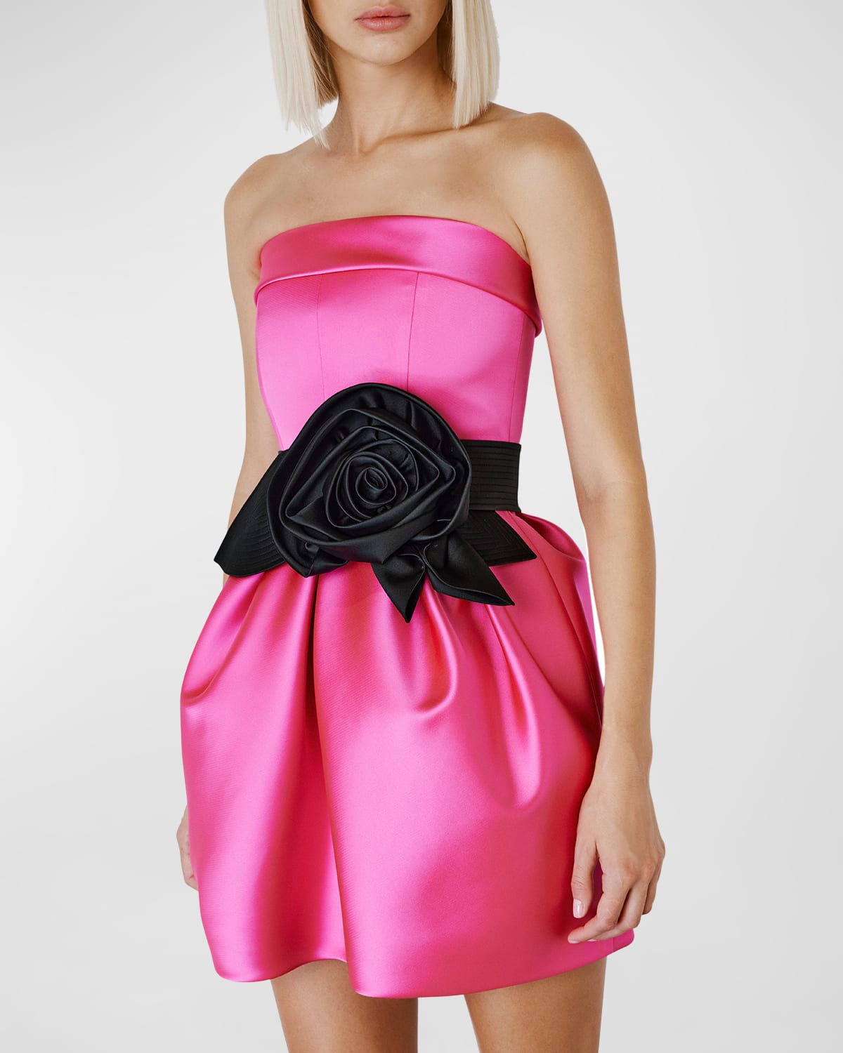 Shop Dice Kayek Strapless Flower-belt Fit-&-flare Mini Dress In Fuchsia