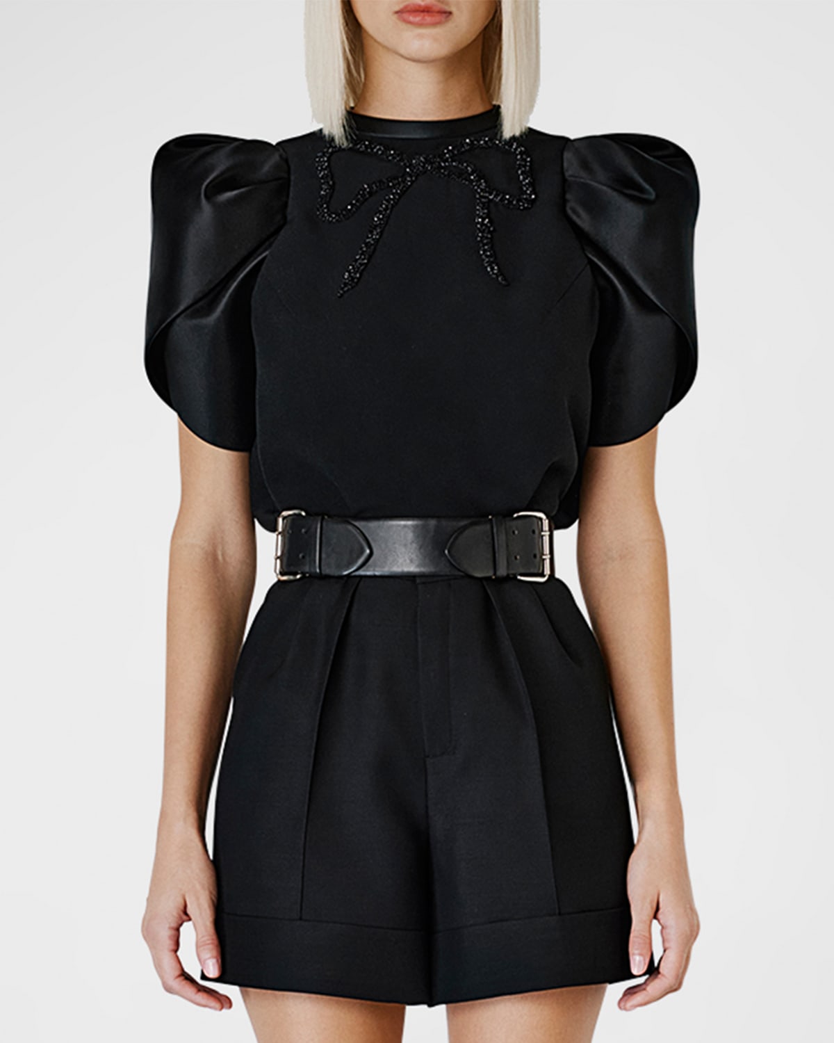 Shop Dice Kayek Crystal Bow Satin Puff-sleeve Shirt In Black