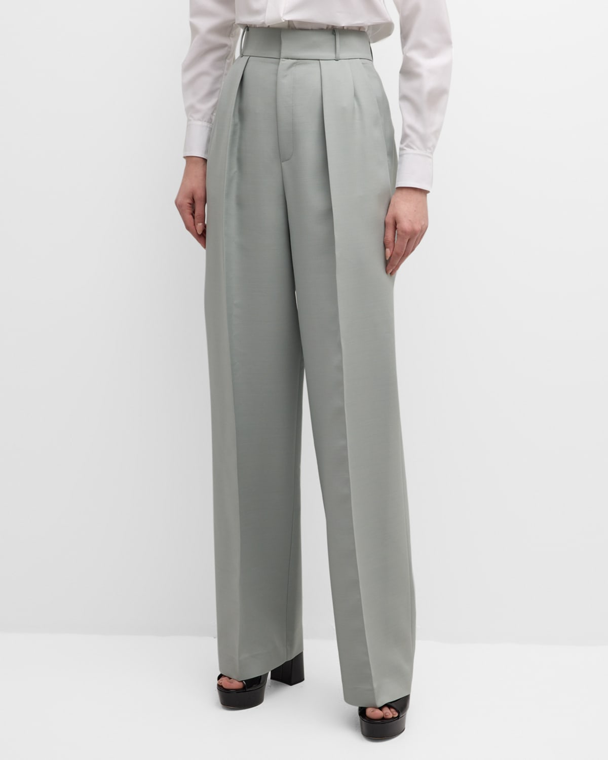 Shop Dice Kayek High-rise Double-pleated Wide-leg Crepe Pants In Almond Green
