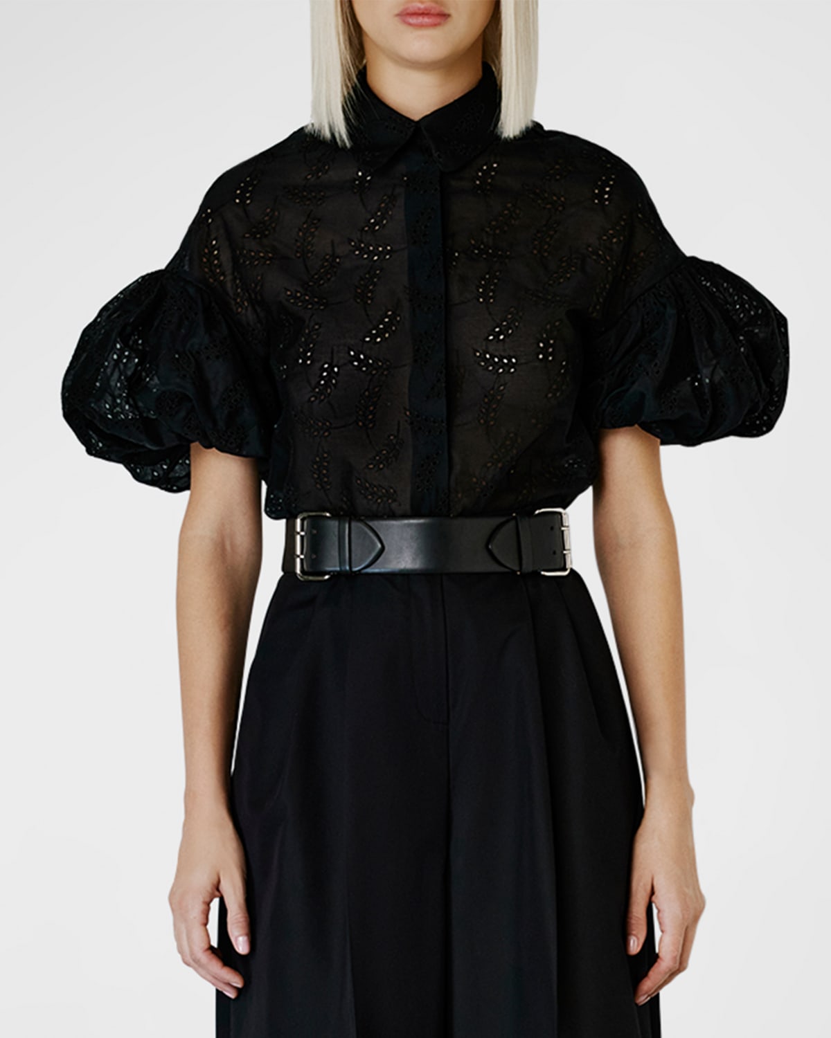 Shop Dice Kayek Eyelet Embroidered Puff-sleeve Collared Shirt In Black