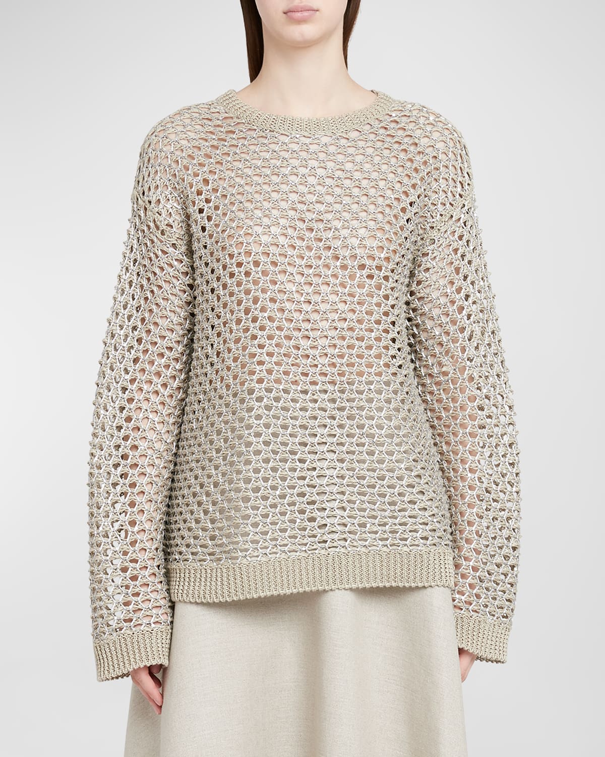 Shop Valentino Linen Paillette Crochet Knit Sweater In Silver Multi