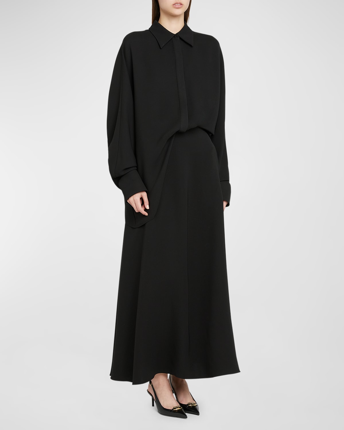 Valentino Long-sleeve Cady Couture Maxi Shirtdress In Black