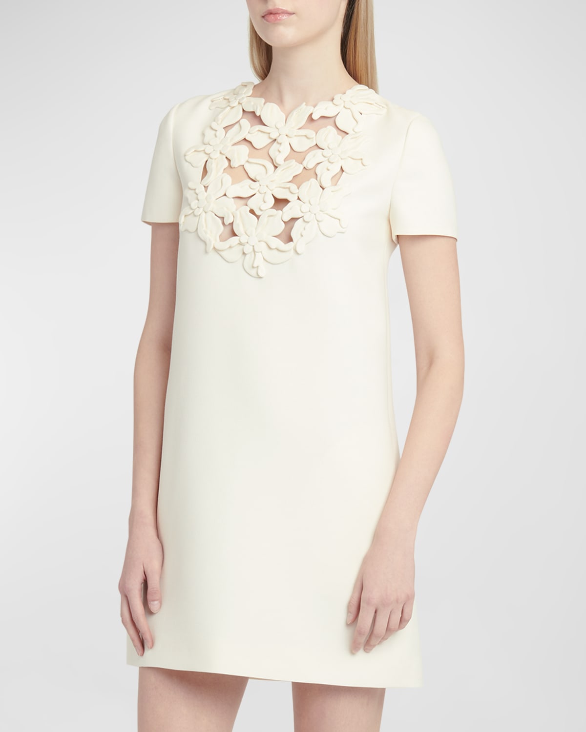 Valentino Flower Embroidered Cutout Short-sleeve Crepe Mini Couture Dress In Ivory