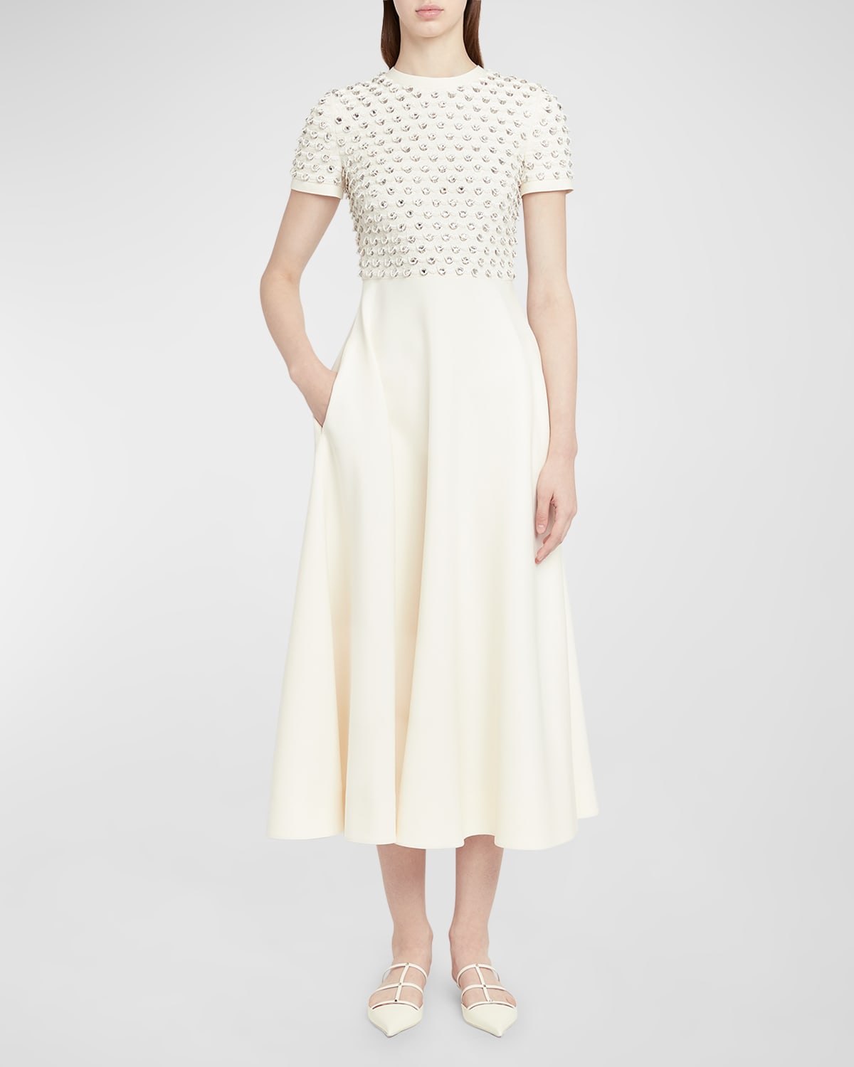 Valentino Crystal Scalloped Sequin Embroidered Short-sleeve Crepe Midi Couture Dress In White