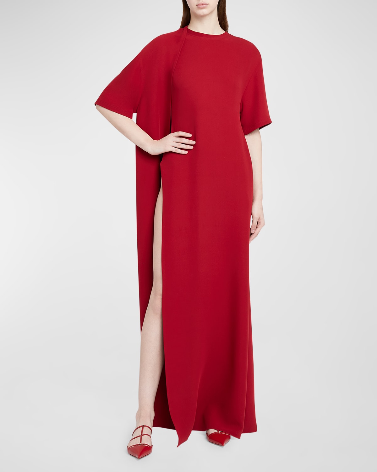Valentino Slit Cape Short-sleeve Cady Couture Gown In Red