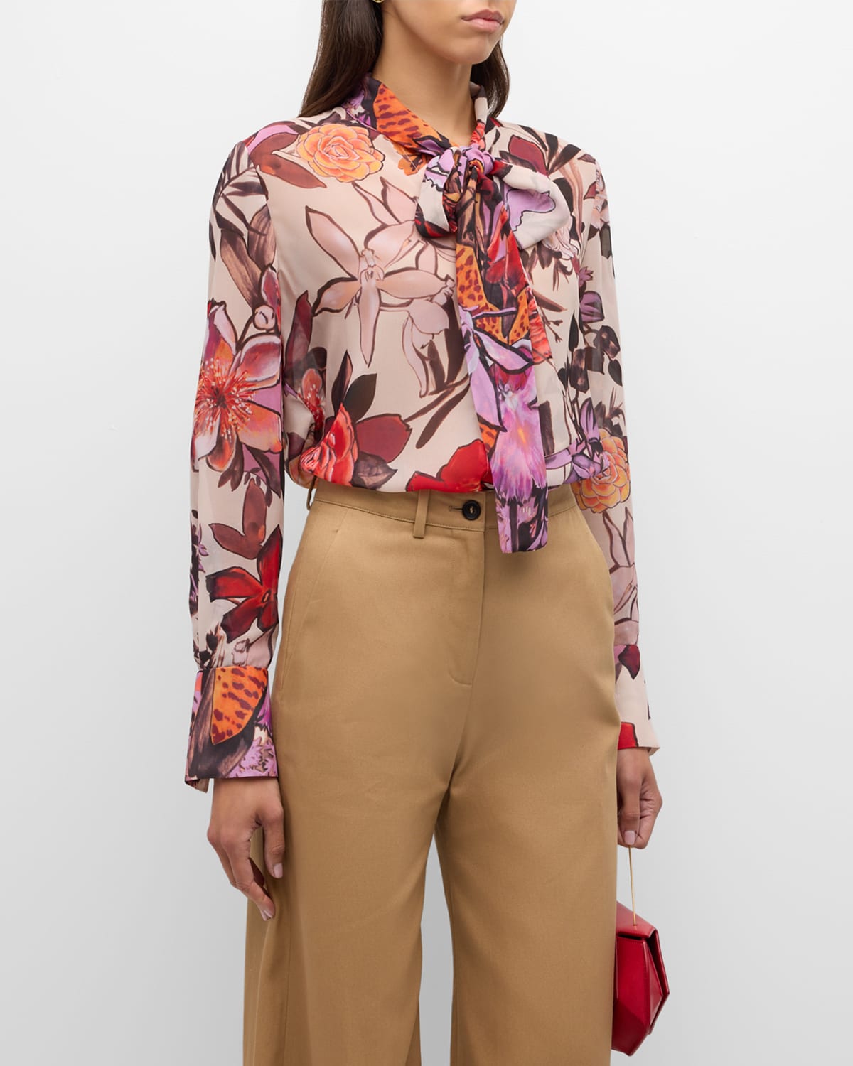 Shop Kobi Halperin Luna Floral-print Tie-neck Blouse In Canvas Multi