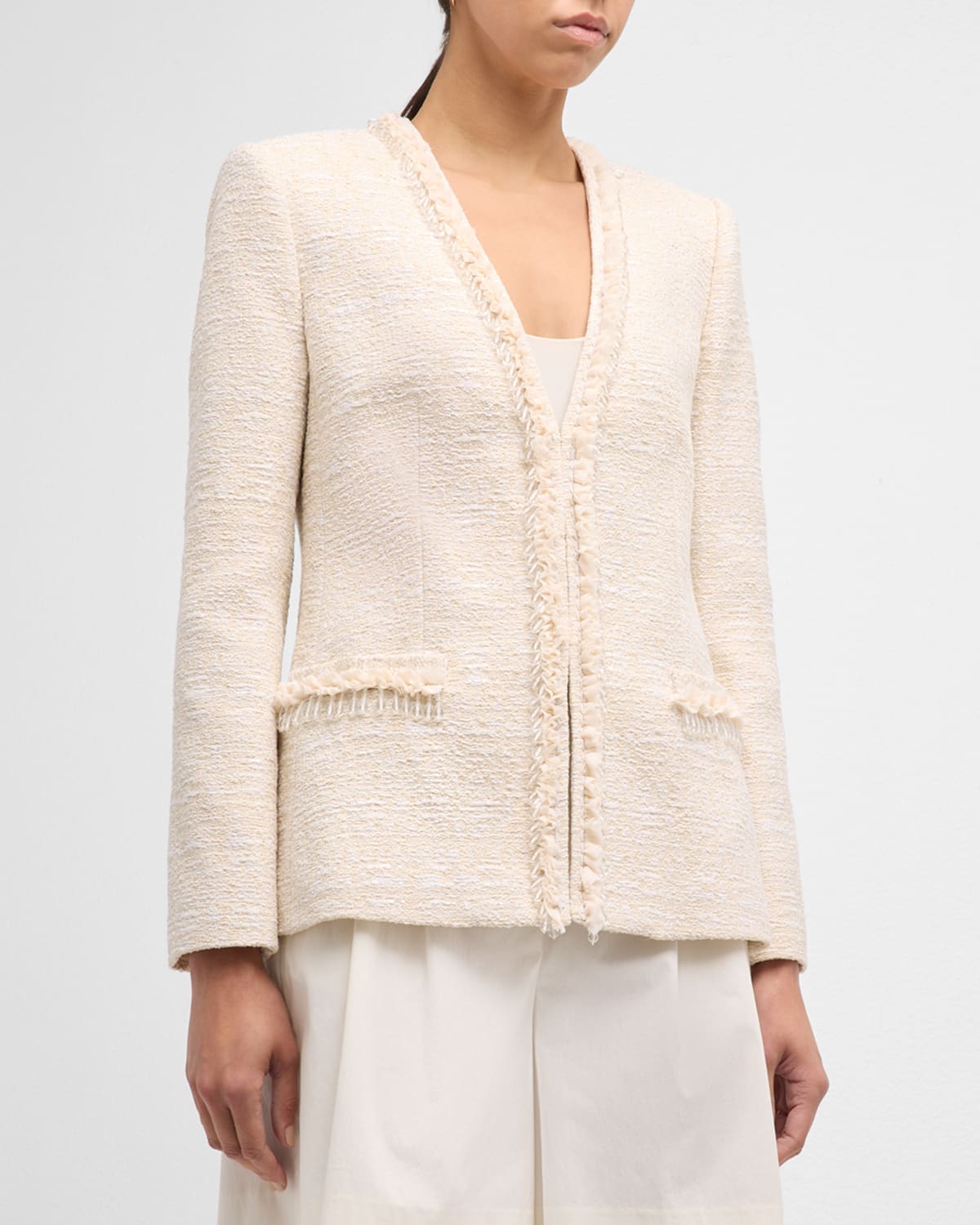 Shop Kobi Halperin Jilly Beaded Ruffle-trim Tweed Jacket In Ivory