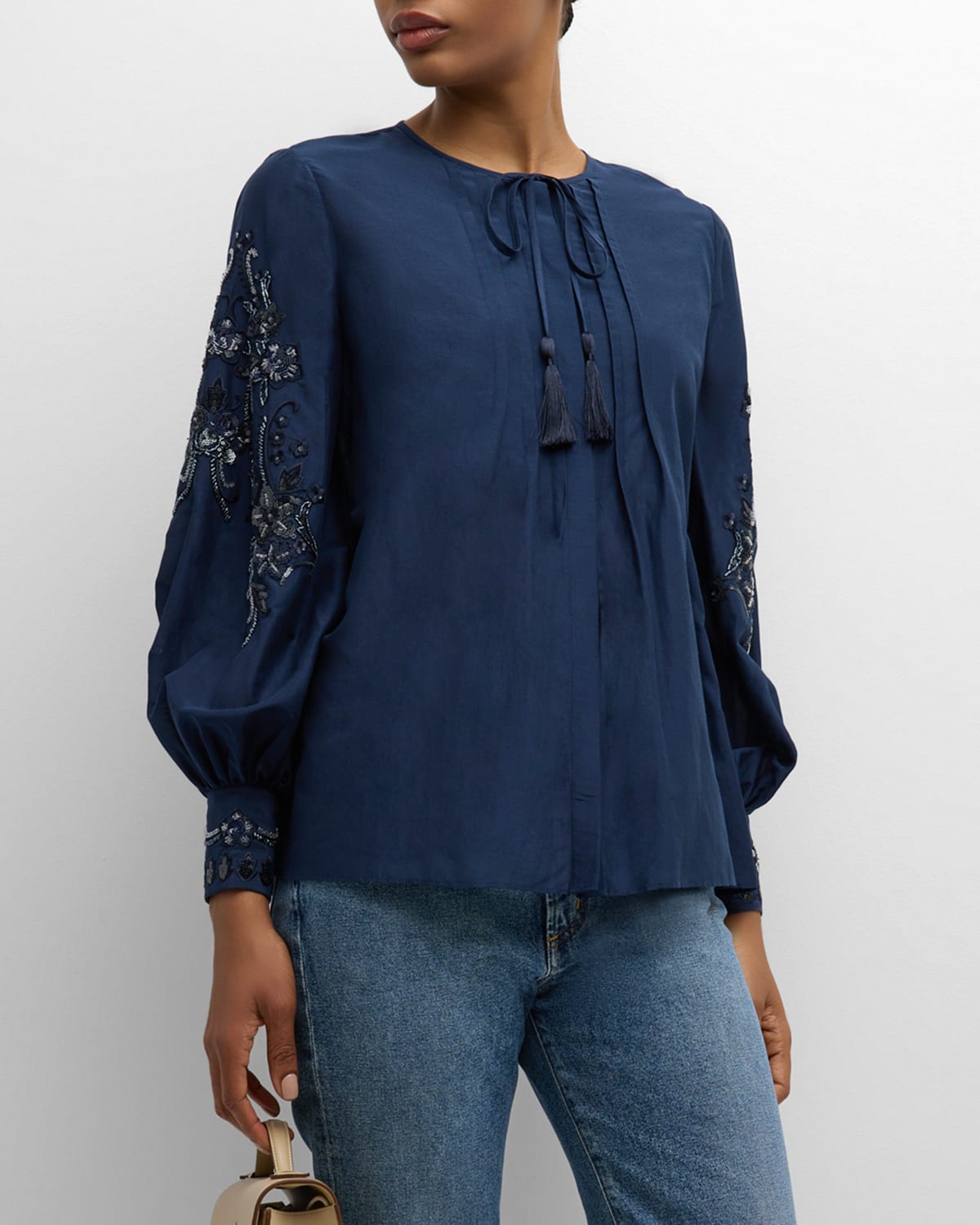 Kobi Halperin Acacia Sequin Floral-embroidered Blouse In Navy