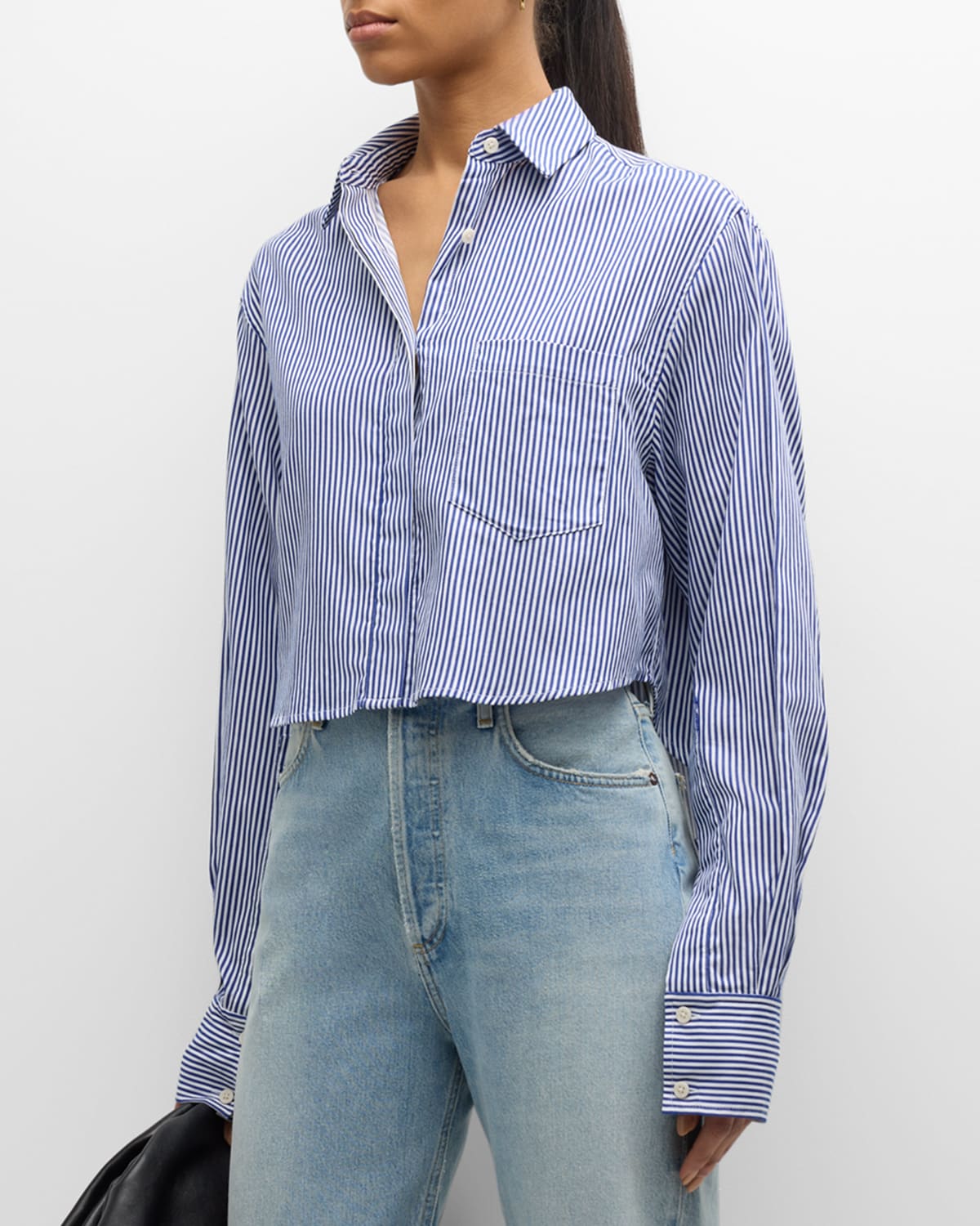 Shop Simkhai Renata Cropped Cotton Stripe Button-front Shirt In Midnight Stripe