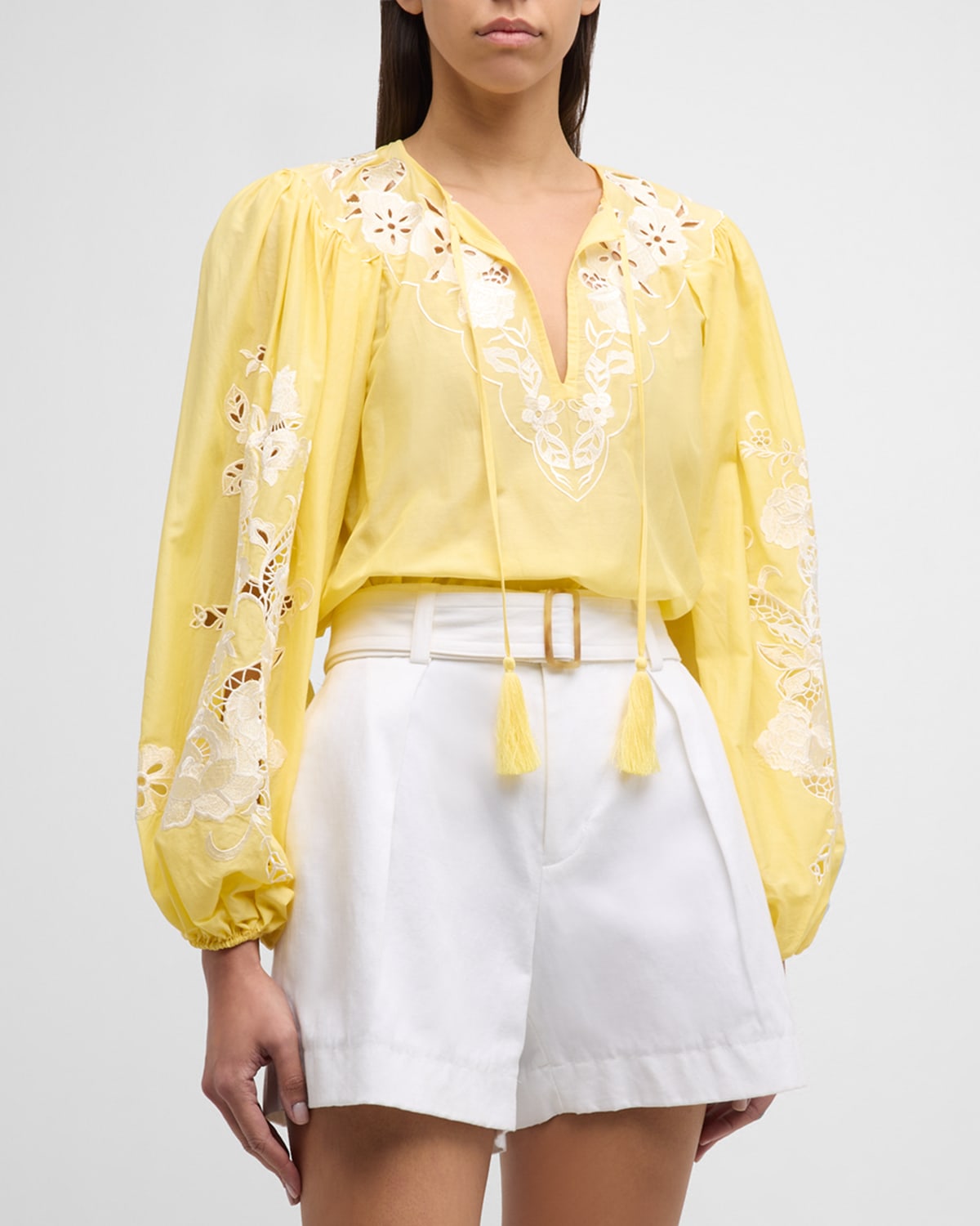 Gloria Floral-Embroidered Blouson-Sleeve Blouse