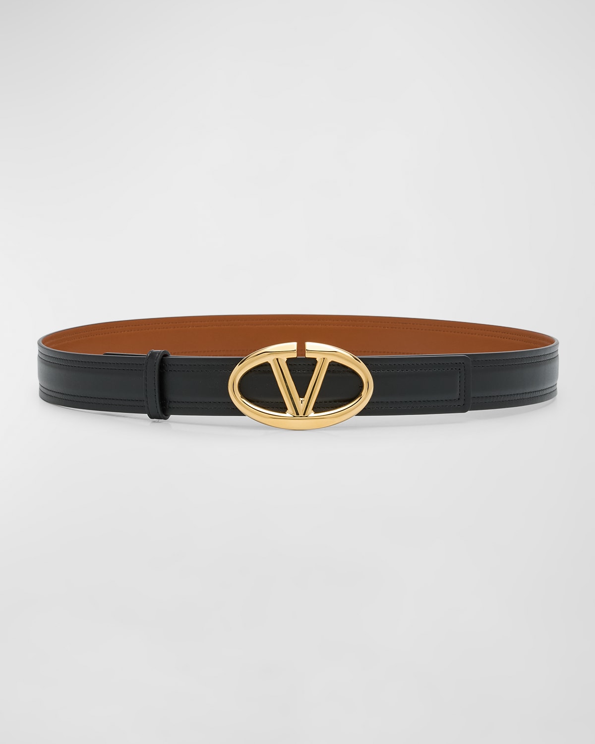 Shop Valentino Moonlight Gold V-logo Leather Belt In Nero Naturale Tan