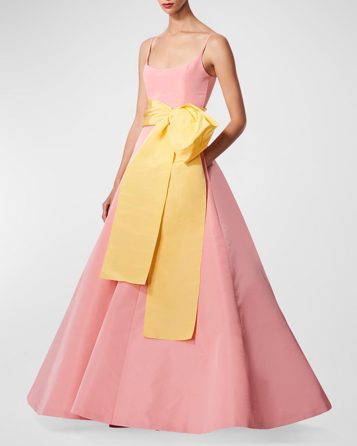 Shop Carolina Herrera Scoop-neck Waist-sash Sleeveless Full Gown In Blush Multi
