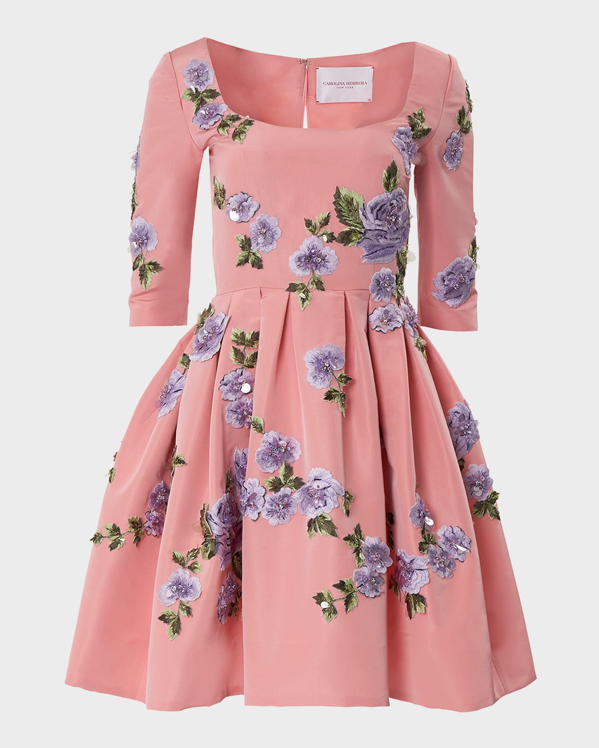 Carolina Herrera Floral Embroidered Sequined Scoop-Neck 3/4-Sleeve Pleated Dress