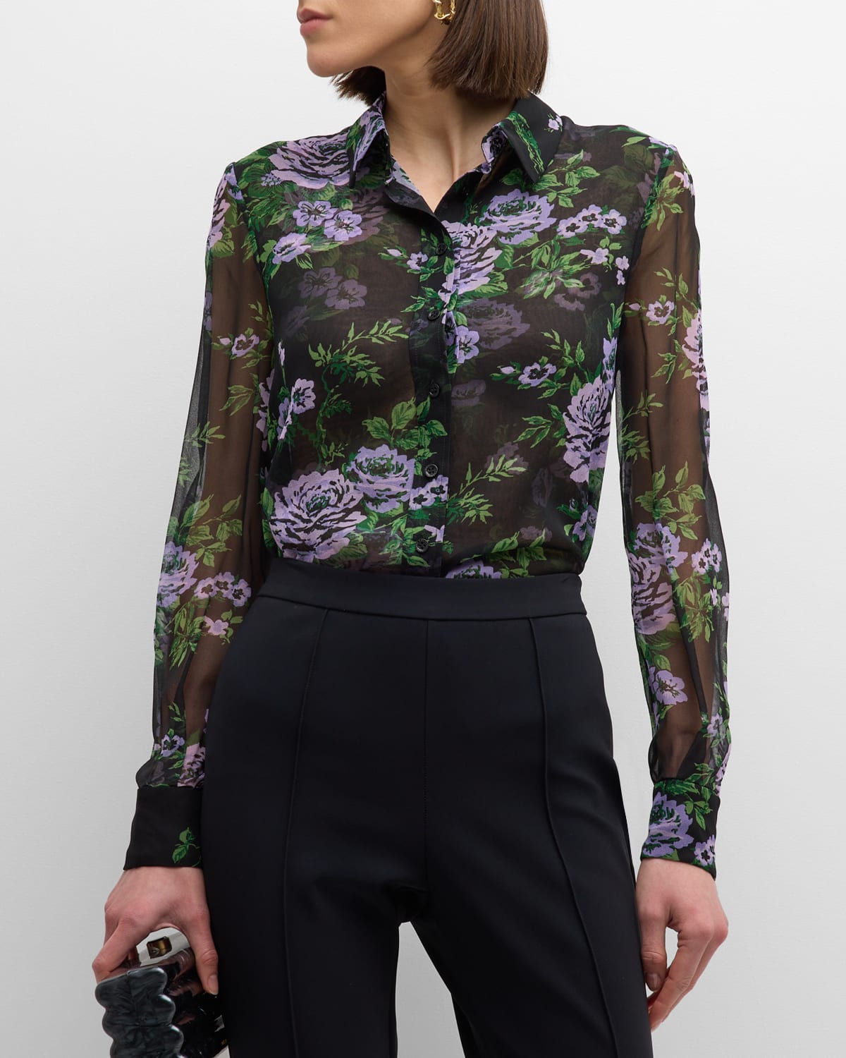 Shop Carolina Herrera Floral-print Collared Chiffon Silk Blouse In Black Multi