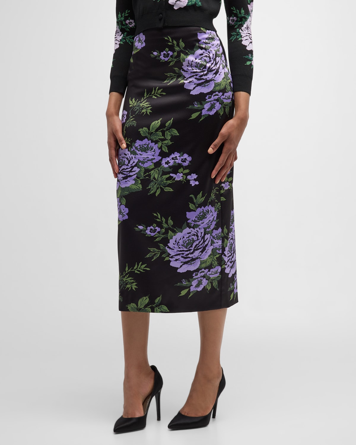Shop Carolina Herrera Floral-print Satin Midi Pencil Skirt In Black Multi