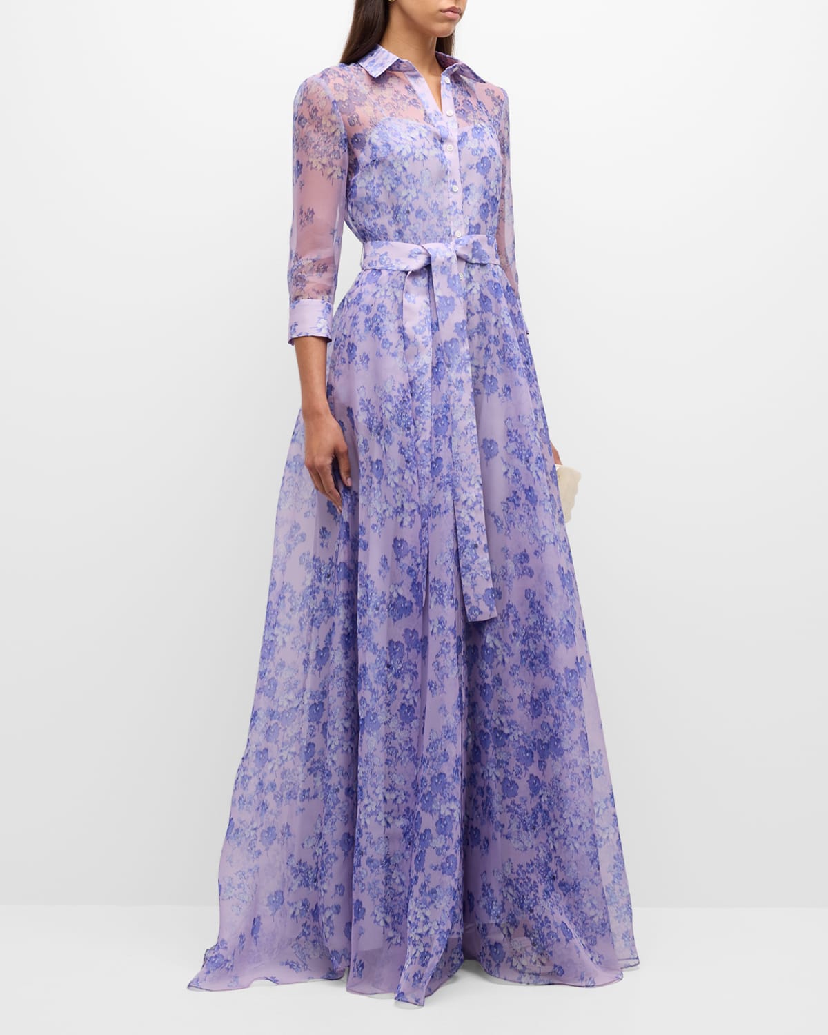 Shop Carolina Herrera Floral Print Trench Gown With Tie Belt In Lilac