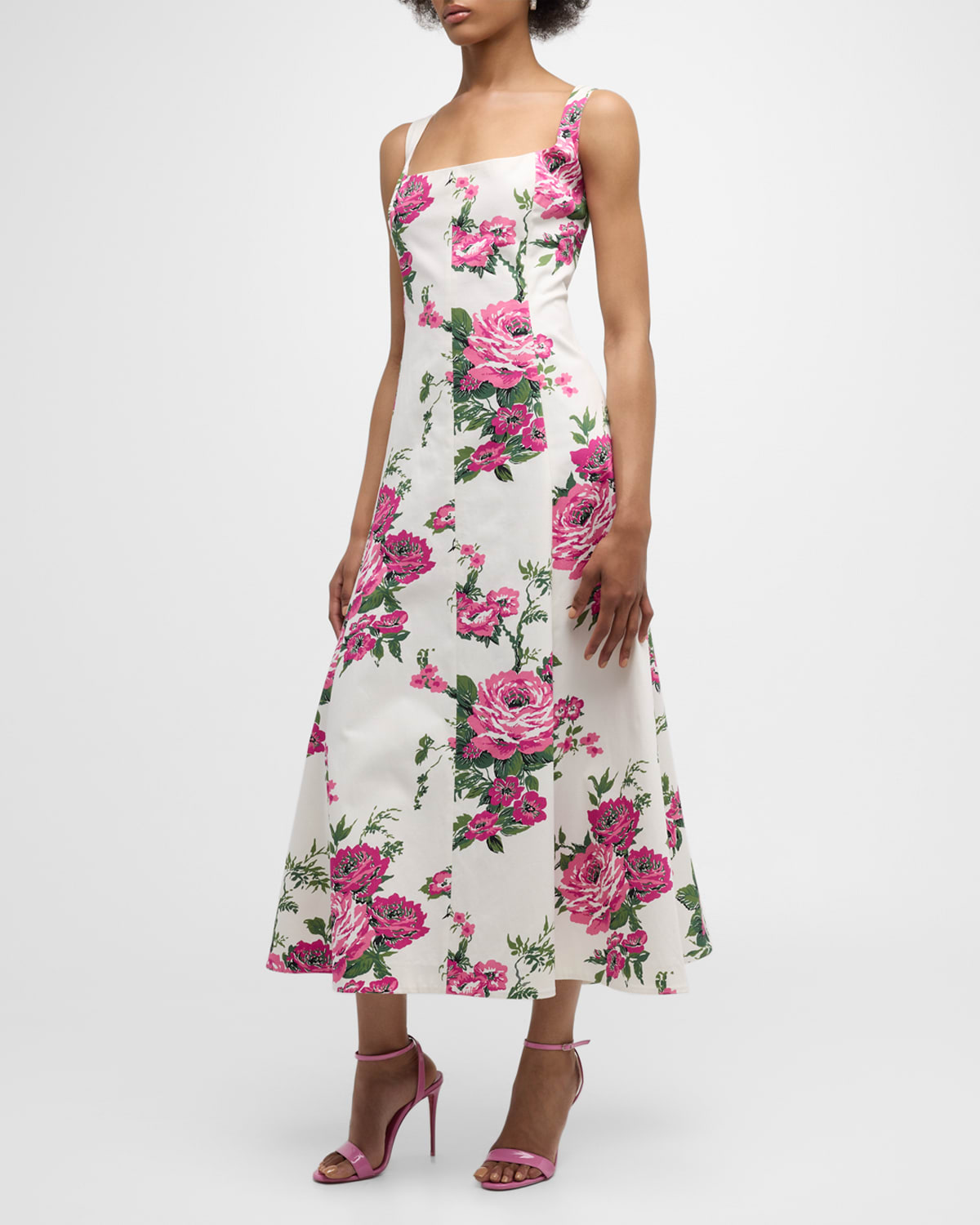 Shop Carolina Herrera Floral-print Square-neck Midi Dress In White Multi