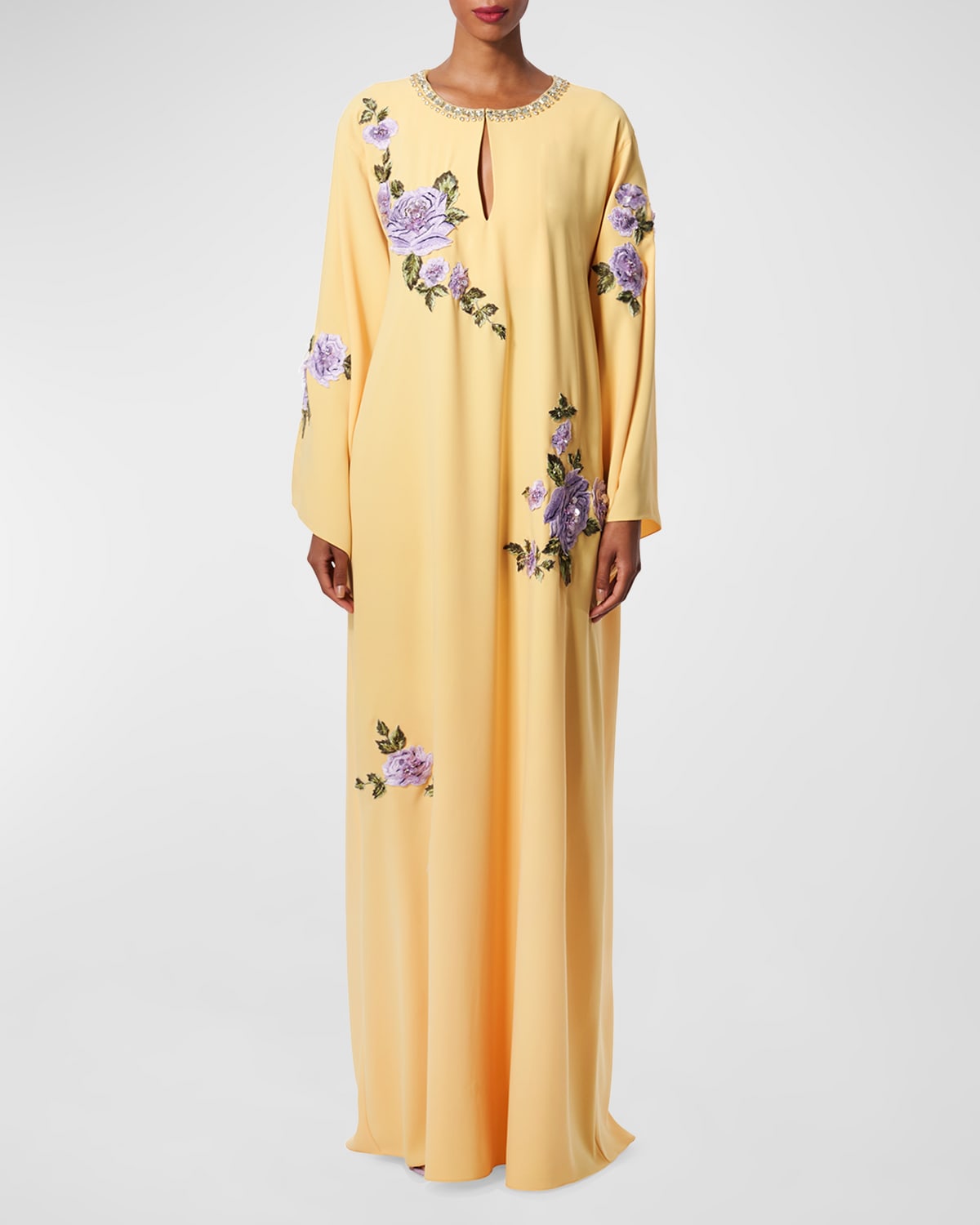 Shop Carolina Herrera Floral Embroidered Crystal Long-sleeve Caftan Gown In Sunshine Yellow