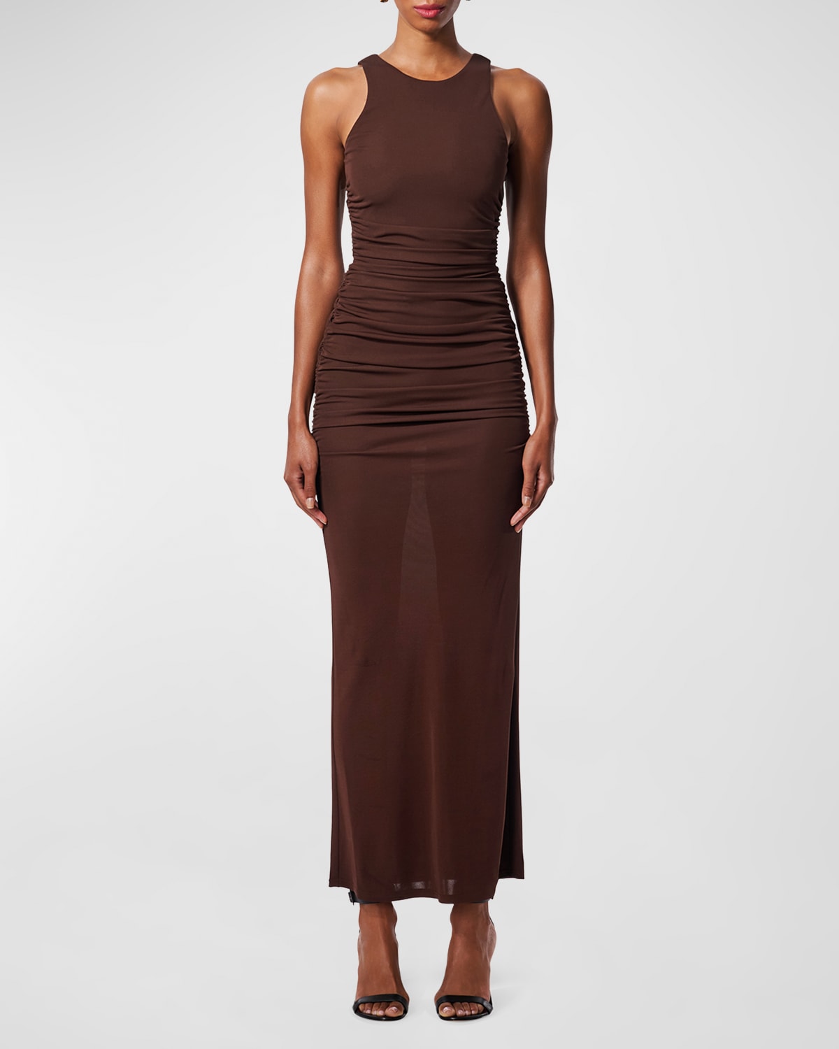 Shop Carolina Herrera Ruched Jersey Sleeves Maxi Dress In Mocha