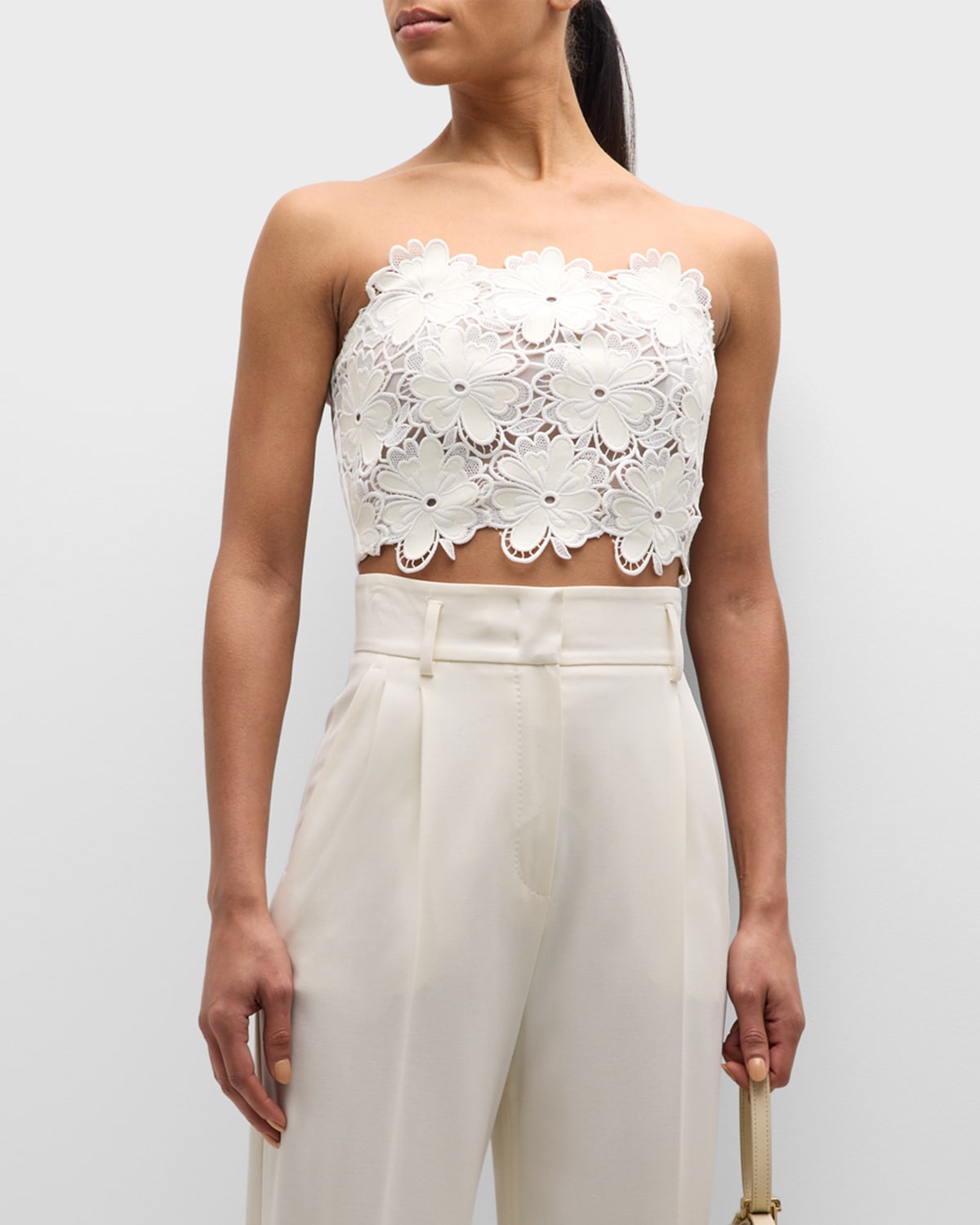 Ramy Brook Kayla Strapless Embroidered Lace Crop Top In Ivory Leather Flo