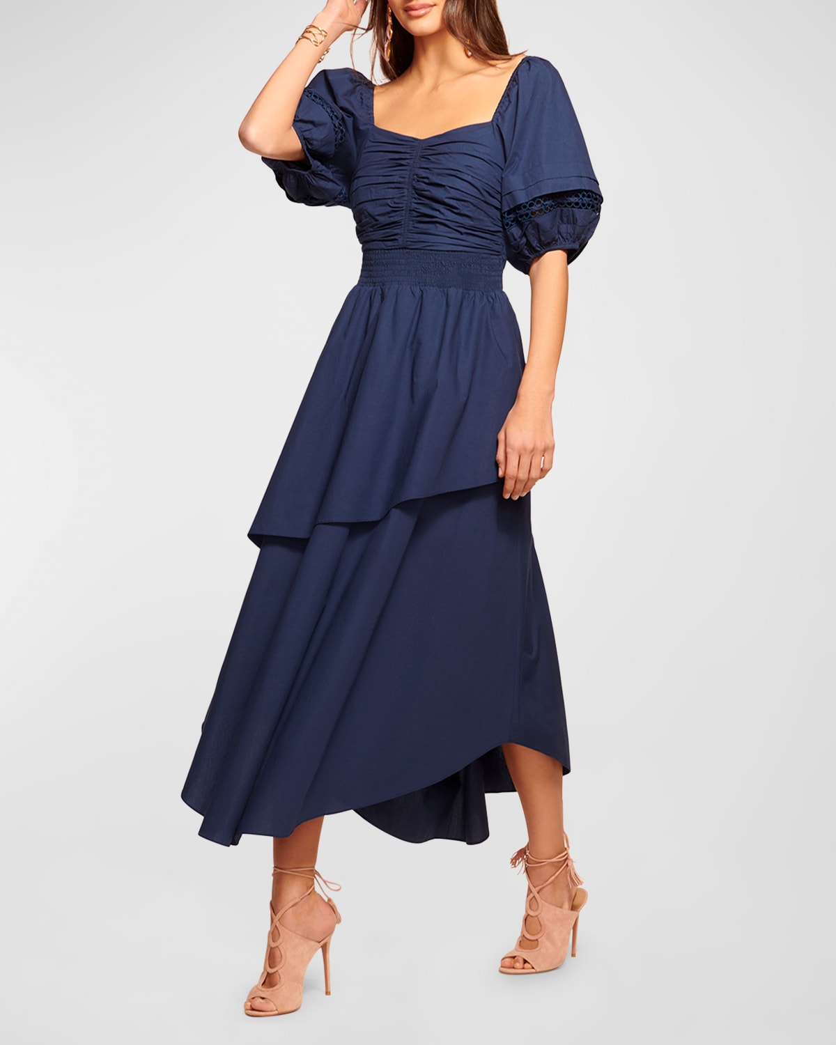 Shop Ramy Brook Persephone Puff-sleeve High-low Dress In Spring Navy