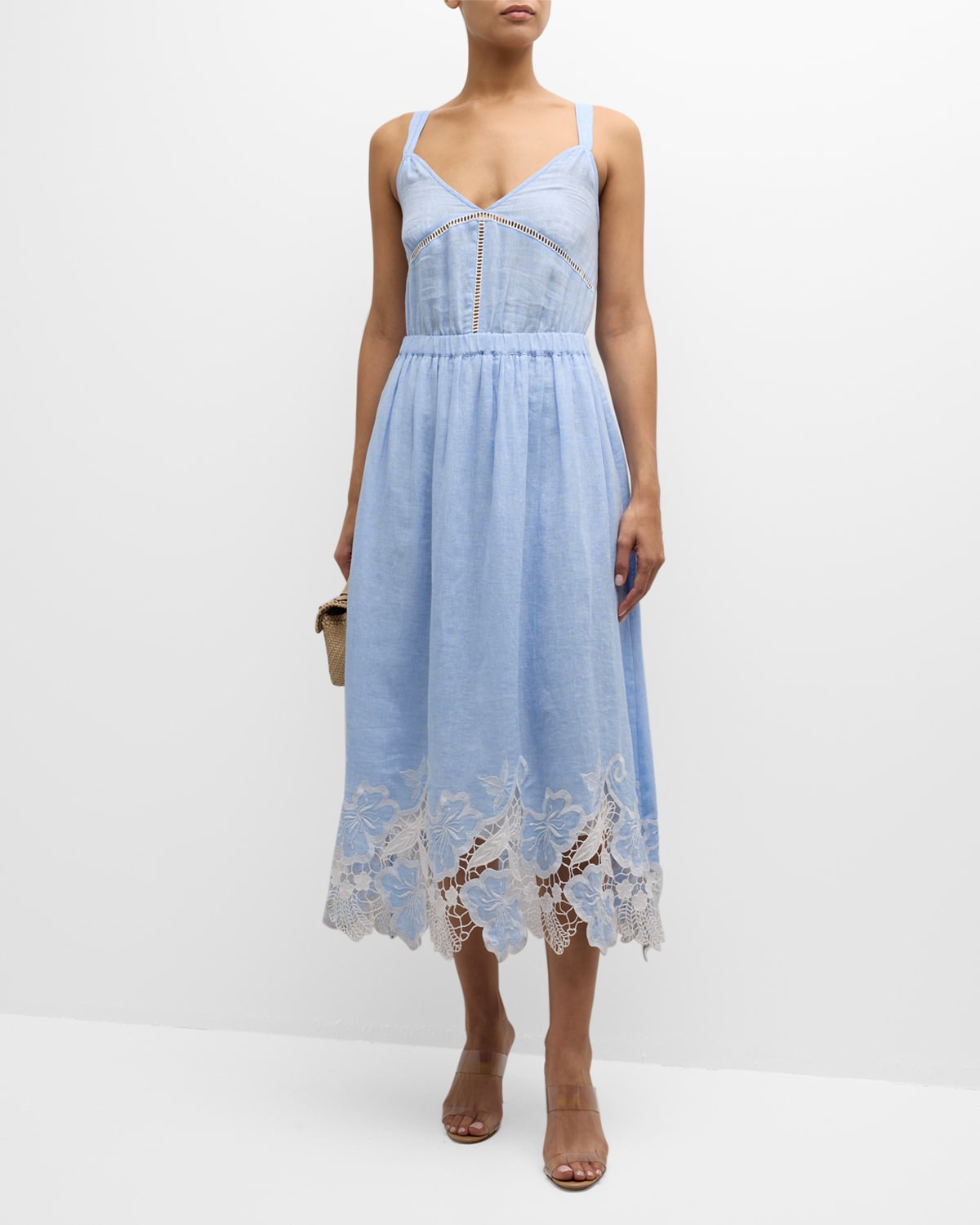 Shop Ramy Brook Aubriella Embroidered Midi Dress In Chambray Embroidered Boho Linen
