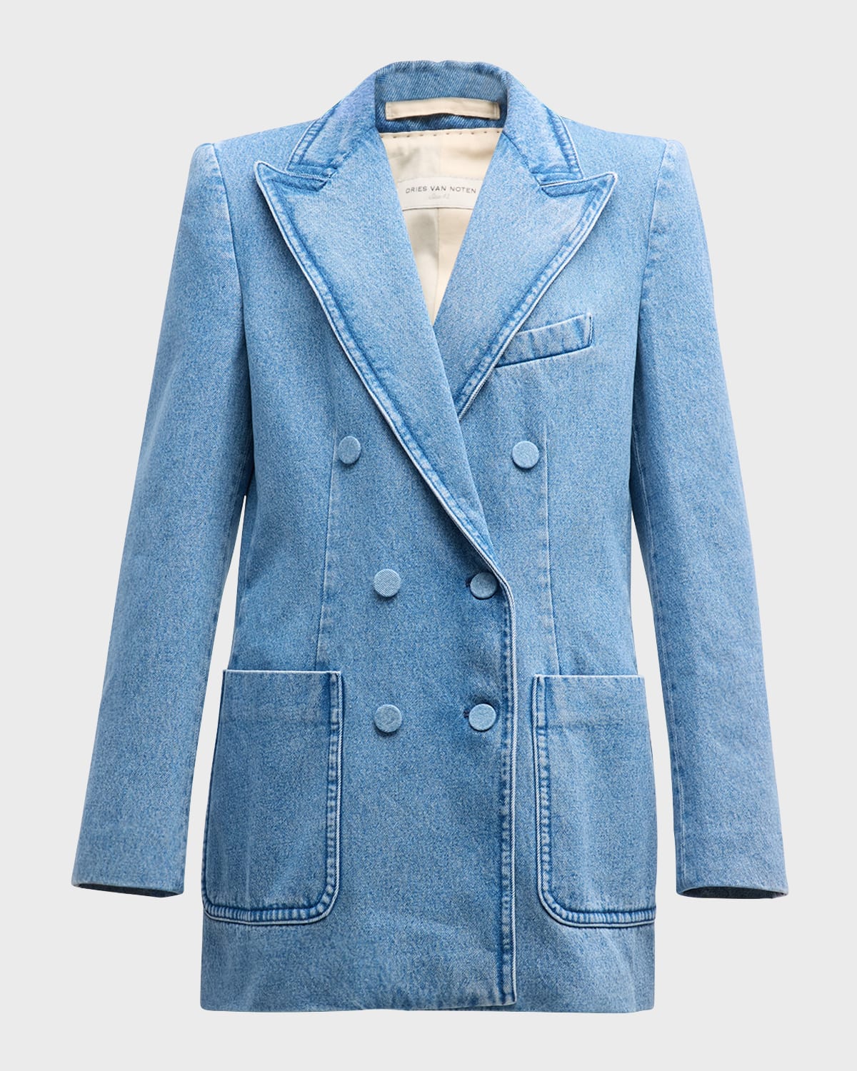 Dries Van Noten Womens Light Blue Padded-shoulder Peak-lapel Slim-fit Denim Blazer In Light Blue
