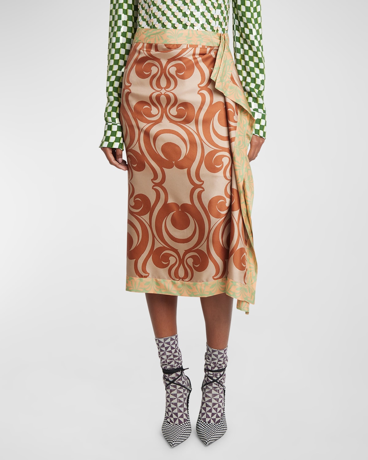 Dries Van Noten Sole Bis Silk Wrap Midi Skirt In Brown