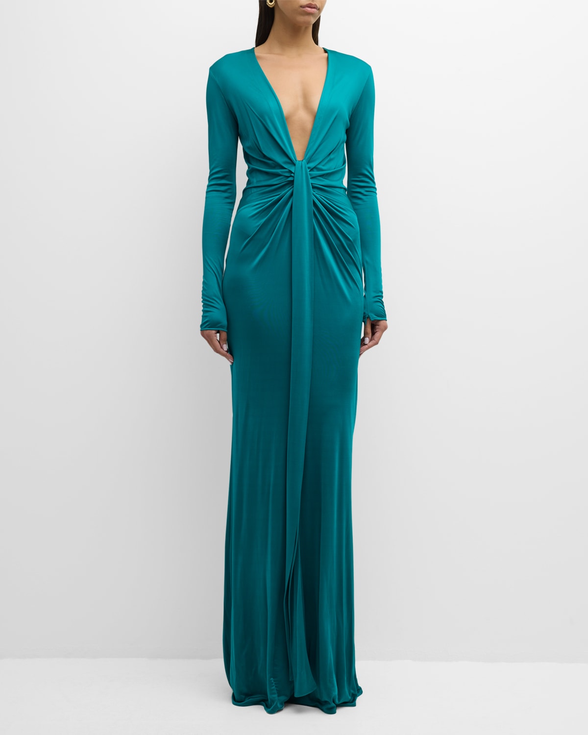 Plunging Draped Long-Sleeve Gown