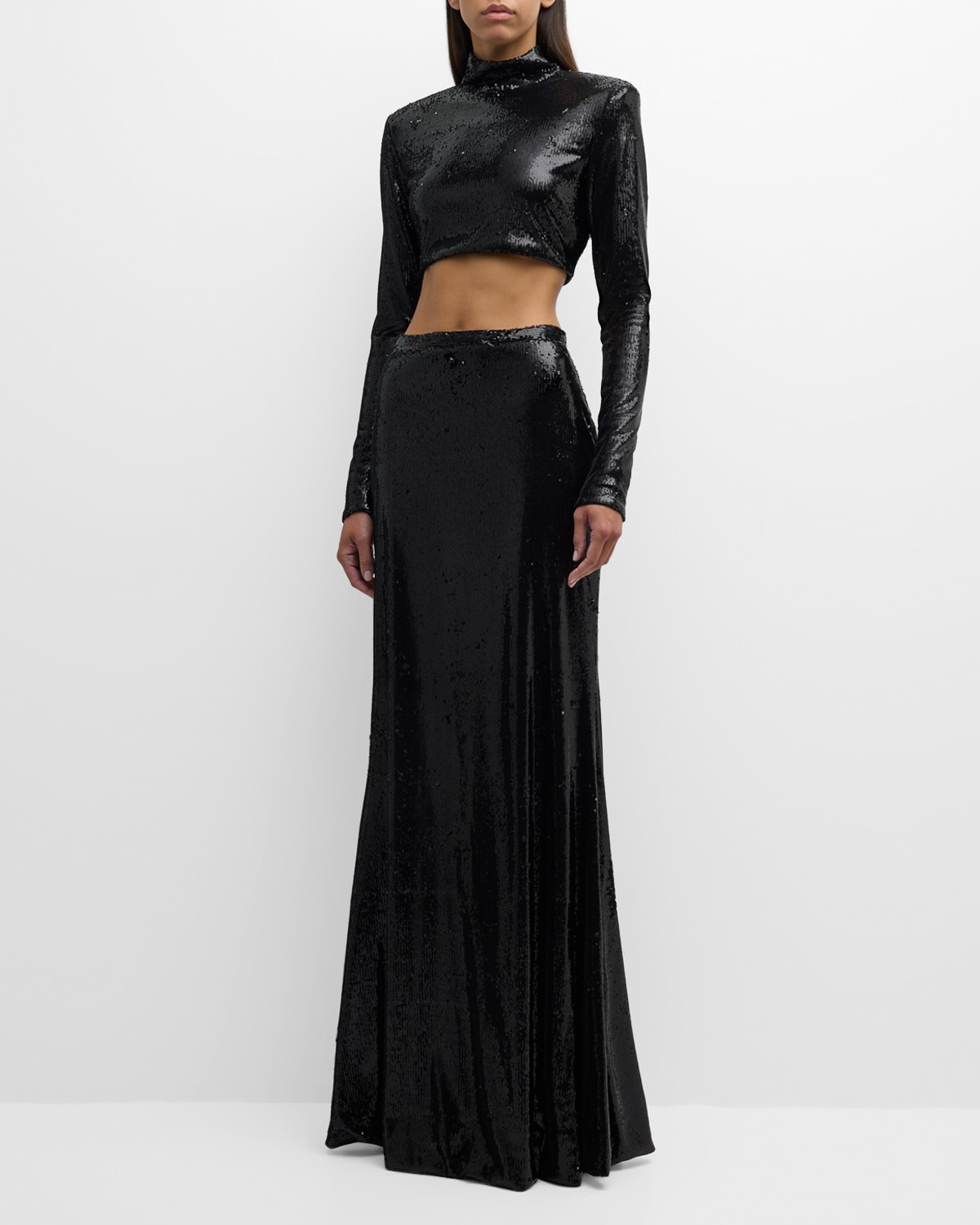 Shop Roberto Cavalli Two-piece Mock-neck Long-sleeve Sequined Gown In Nero