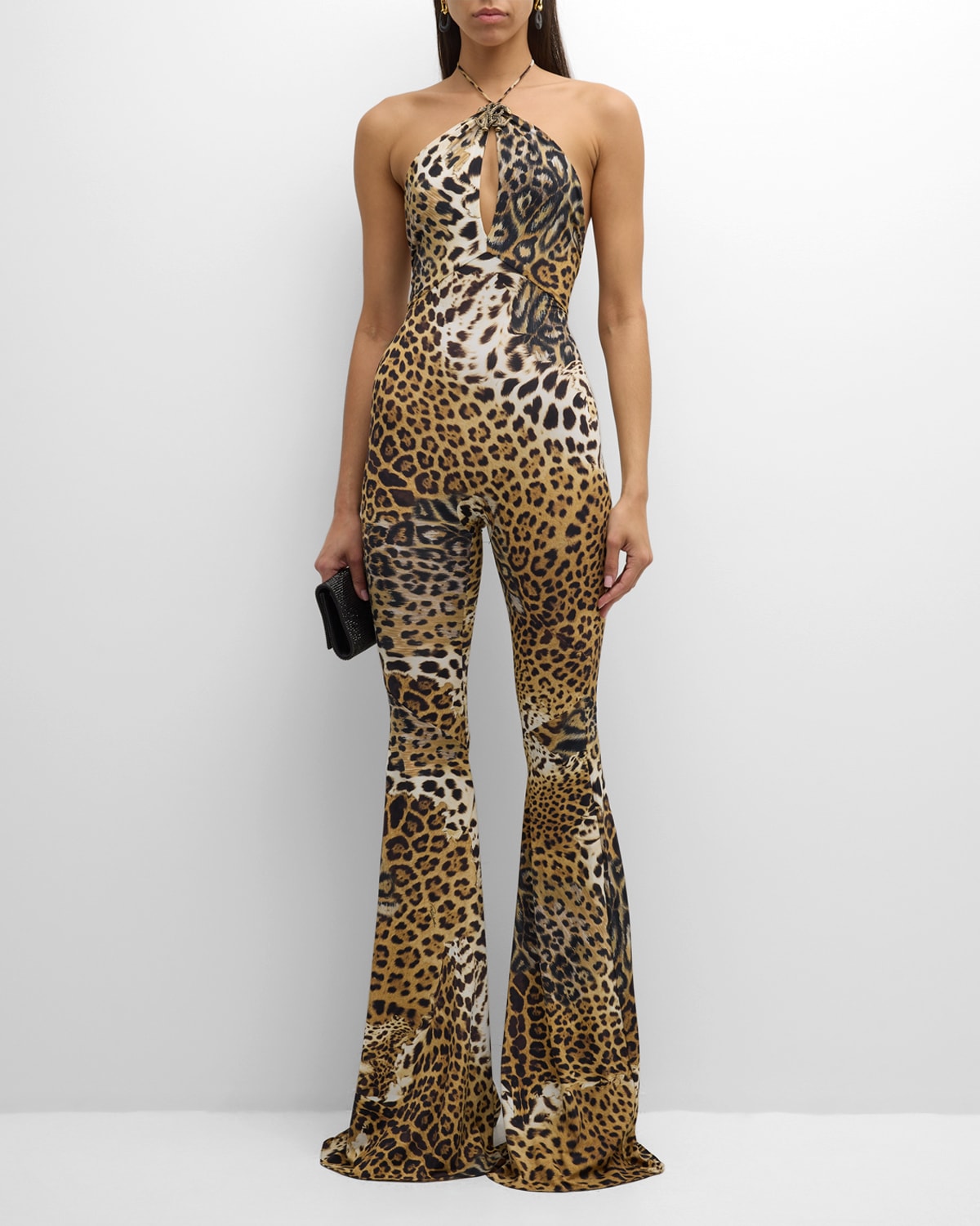 Shop Roberto Cavalli Leopard-print Halter Flared Jumpsuit In Naturale