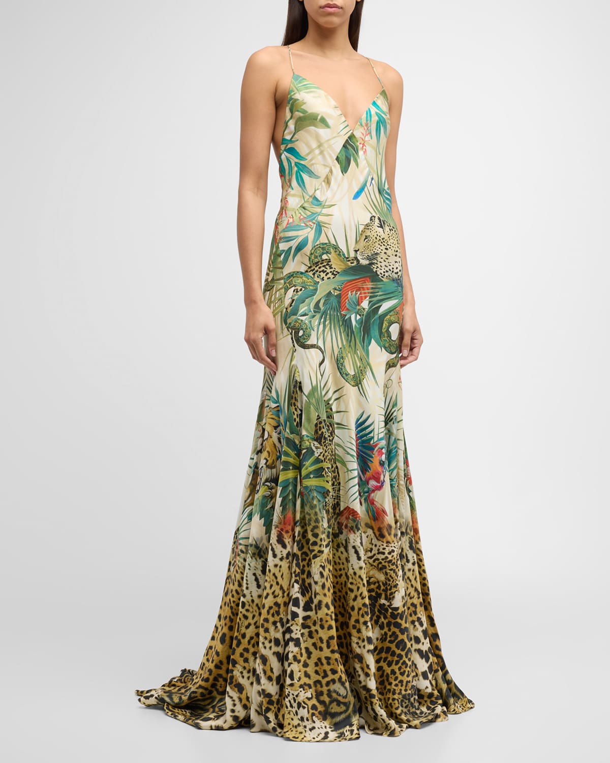 Roberto Cavalli Plunging Forest Animal-print Open-back Trumpet Gown In Multicolor