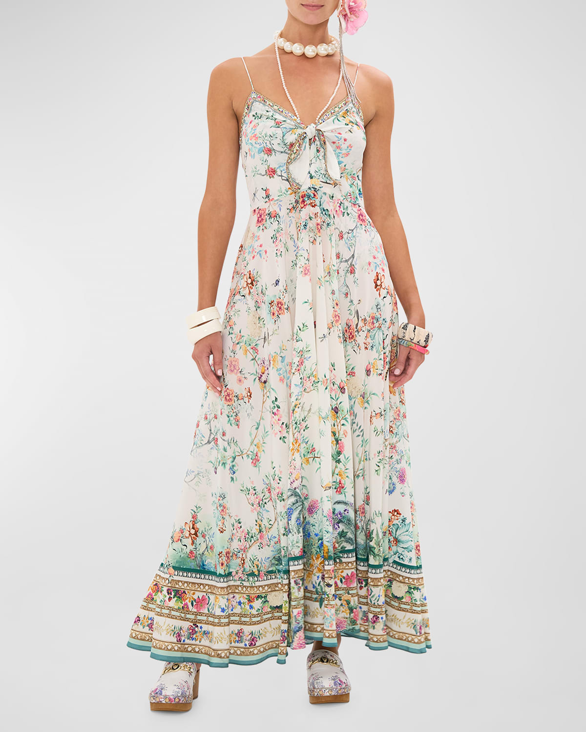 Plumes and Parterres Crystal Tie-Front Maxi Dress