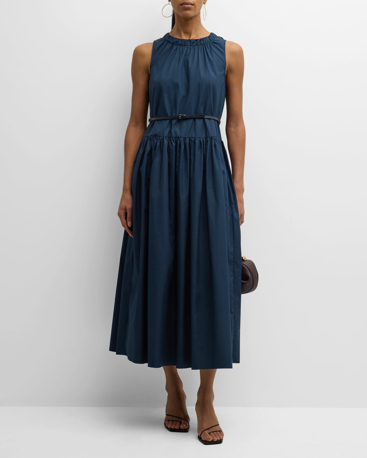 Max Mara Teresa Belted Drop-waist Sleeveless Midi Dress In Midnight Blue