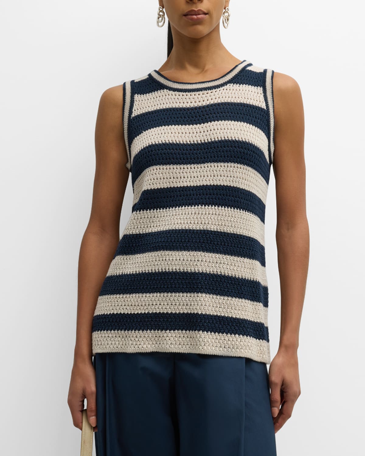 Shop Max Mara Avio Striped Linen Crochet Knit Tank Top In Powder