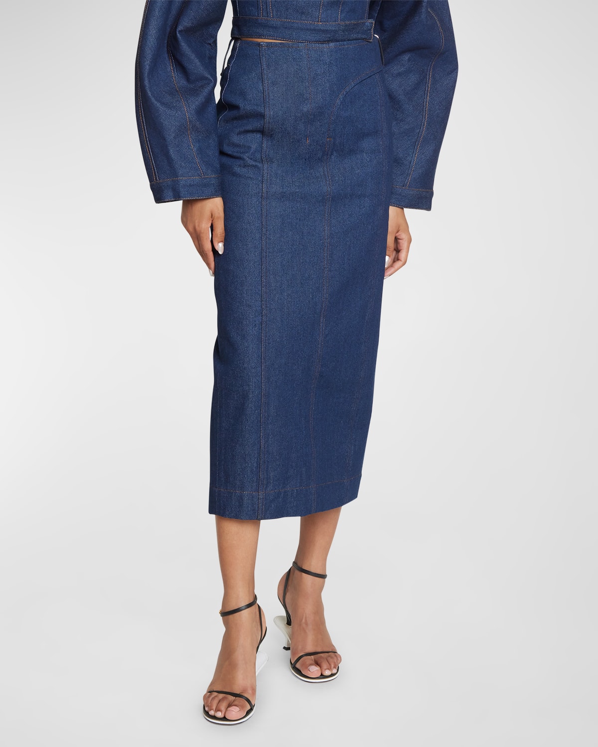 Shop Jacquemus Nimes Obra Denim Midi Pencil Skirt In Navybrown