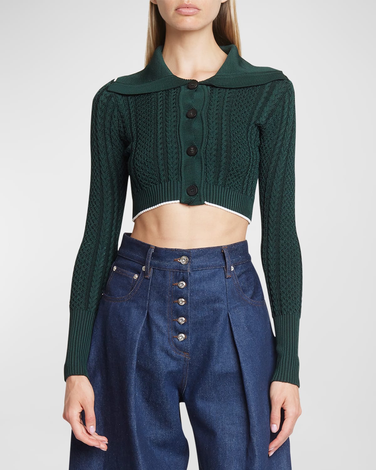 Shop Jacquemus Bela Cable-knit Crop Cardigan In Dark Green