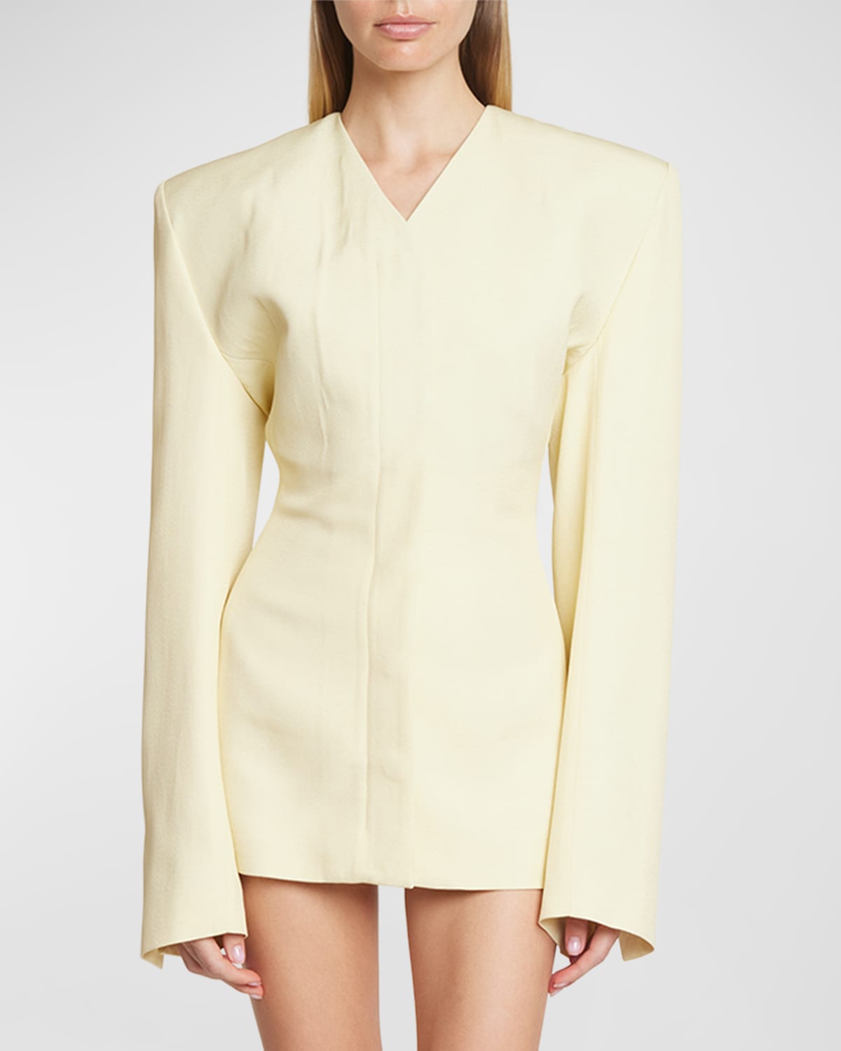 Jacquemus Cubo Collarless Strong-shoulder Mini Dress In Pale Yellow